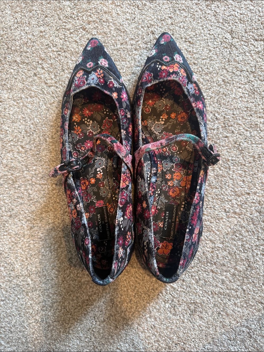 Coach Floral Pointed Mary Jane Flats in Black and Pink